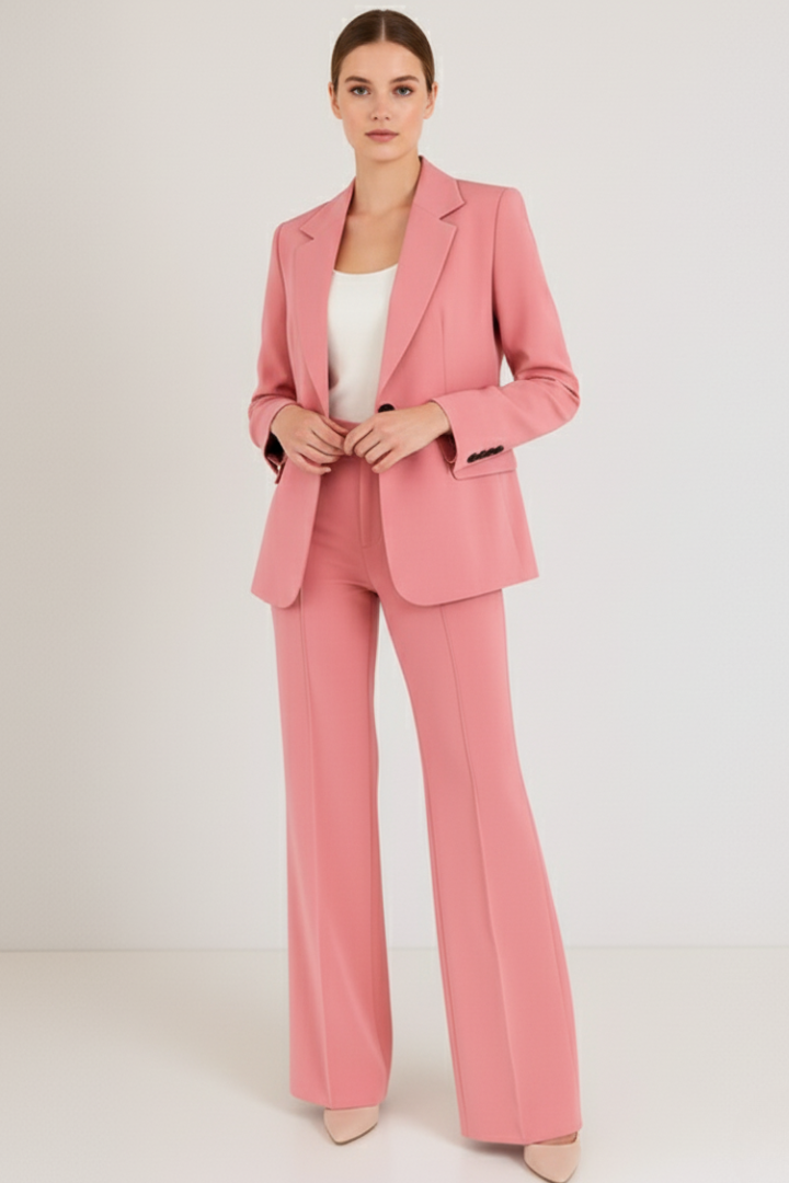 Professional women's formal suit set: elegant blazer and straight leg trousers, perfect for office wear.