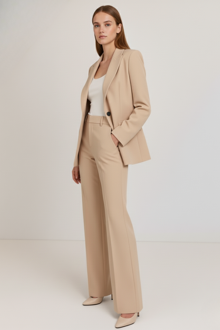 Versatile women's two-piece suit with an elegant blazer and straight leg trousers, great for workwear.