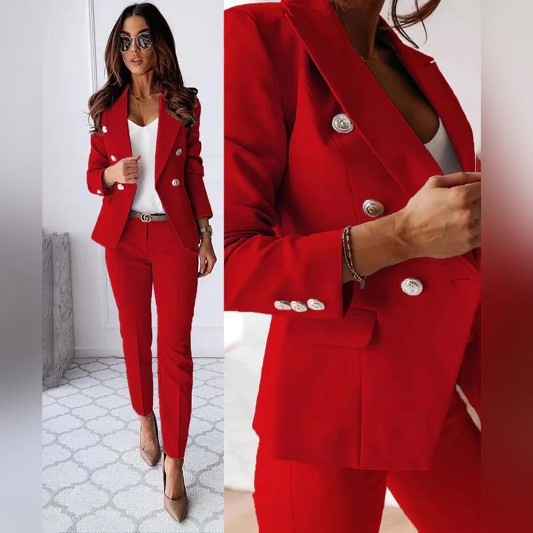 Elegant women's two-piece blazer pants suit in slim fit, ideal for business attire and formal wear.