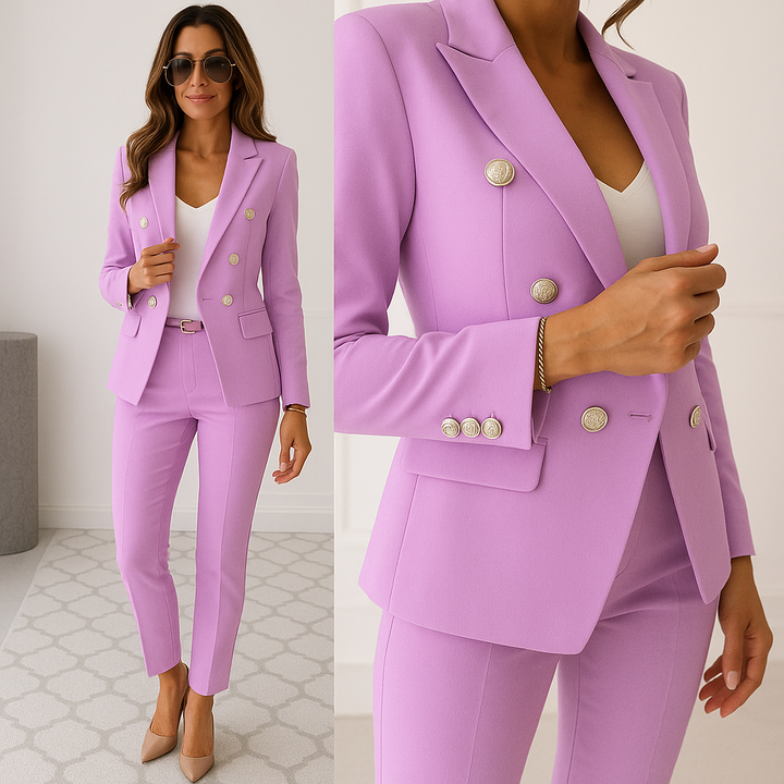Modern women's formal suit with a sophisticated blazer and matching trousers for a polished look.