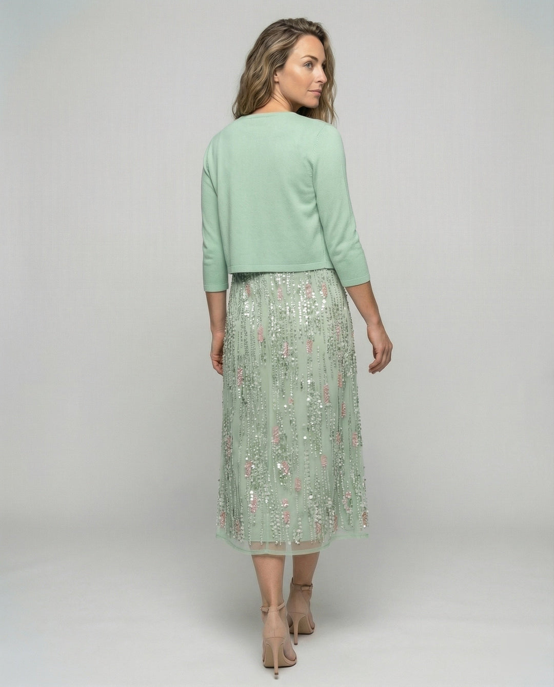 Stylish green floral two-piece midi dress for women, offering an elegant look for summer parties & special occasions.
