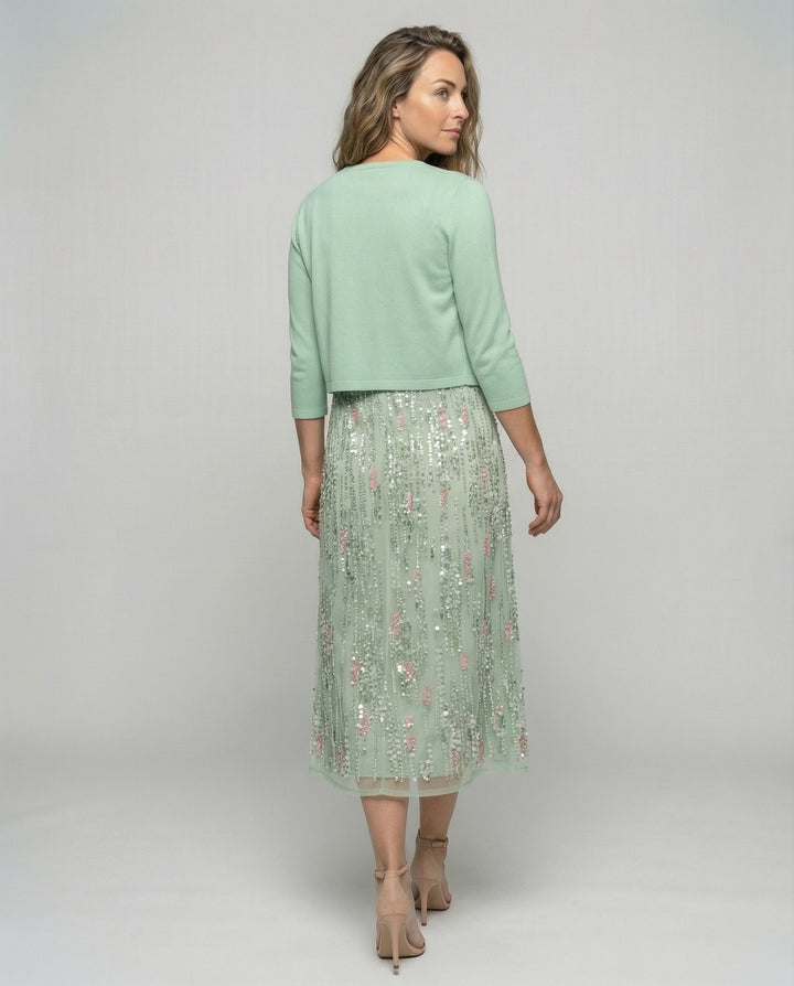 Stylish green floral two-piece midi dress for women, offering an elegant look for summer parties & special occasions.