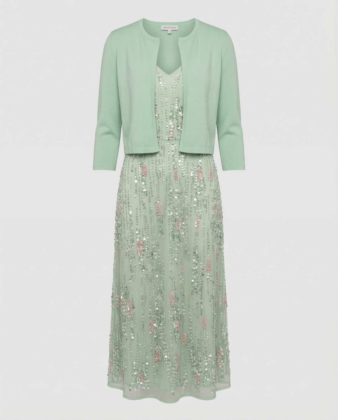 Women's elegant floral two-piece midi dress with a chic green pattern, perfect for summer fashion & occasion wear.