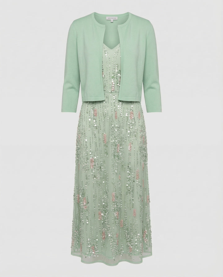 Women's elegant floral two-piece midi dress with a chic green pattern, perfect for summer fashion & occasion wear.