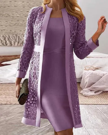 Elegant women's two-piece lace cardigan dress set. Perfect for evening wear & parties. Sophisticated fashion.