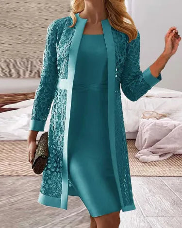 Violet elegant lace two-piece cardigan dress for women. Ideal for sophisticated evening events & party wear.