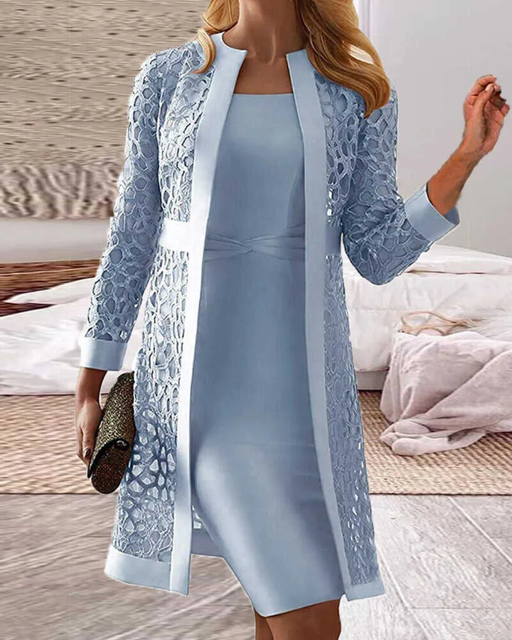 Bluish-green women's versatile lace cardigan & dress set. Perfect for parties, evening wear & sophisticated fashion.