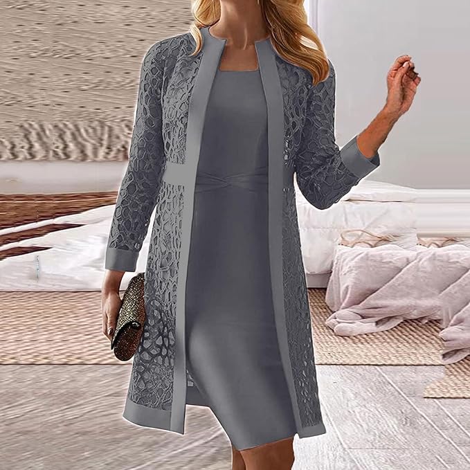 Gray women's elegant two-piece lace dress with matching cardigan. Sophisticated party & evening wear fashion.