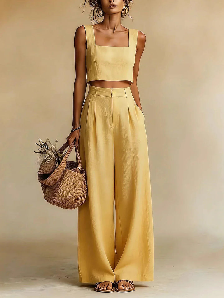 Elegant women's two-piece palazzo set, perfect for summer casual or vacation beachwear. Comfortable co-ord outfit.