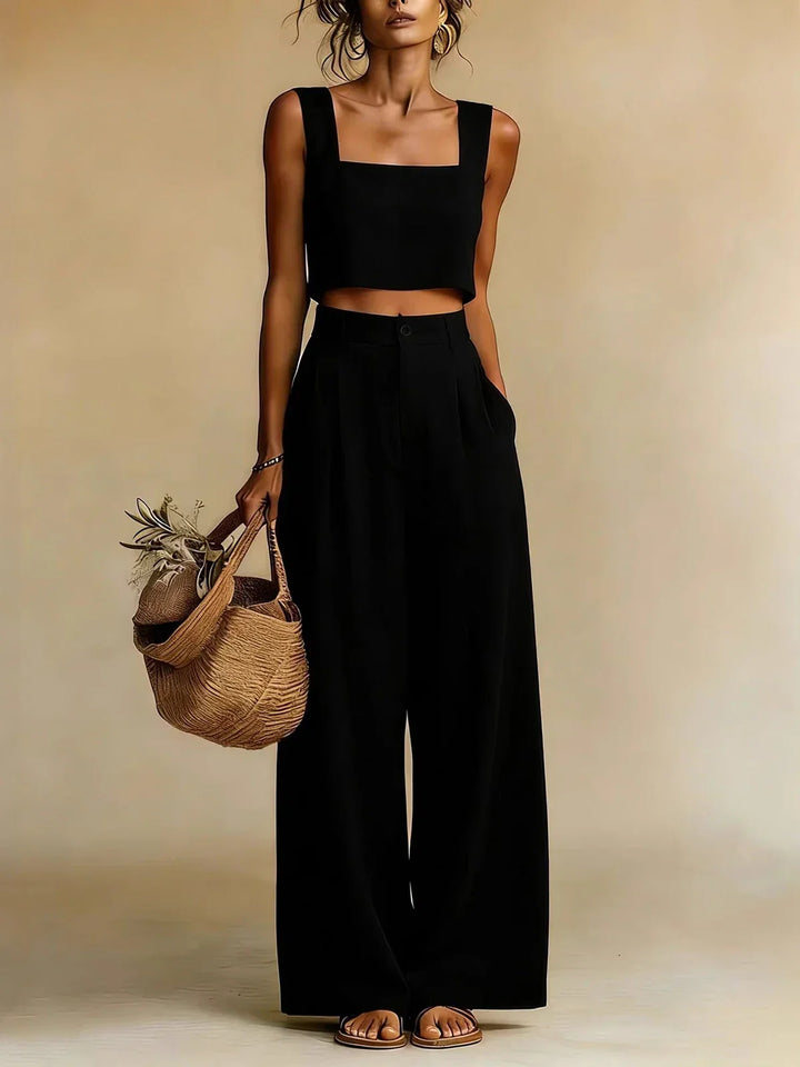 Flowy palazzo pants set for women, an elegant two-piece co-ord ideal for summer vacations & beach casual wear.