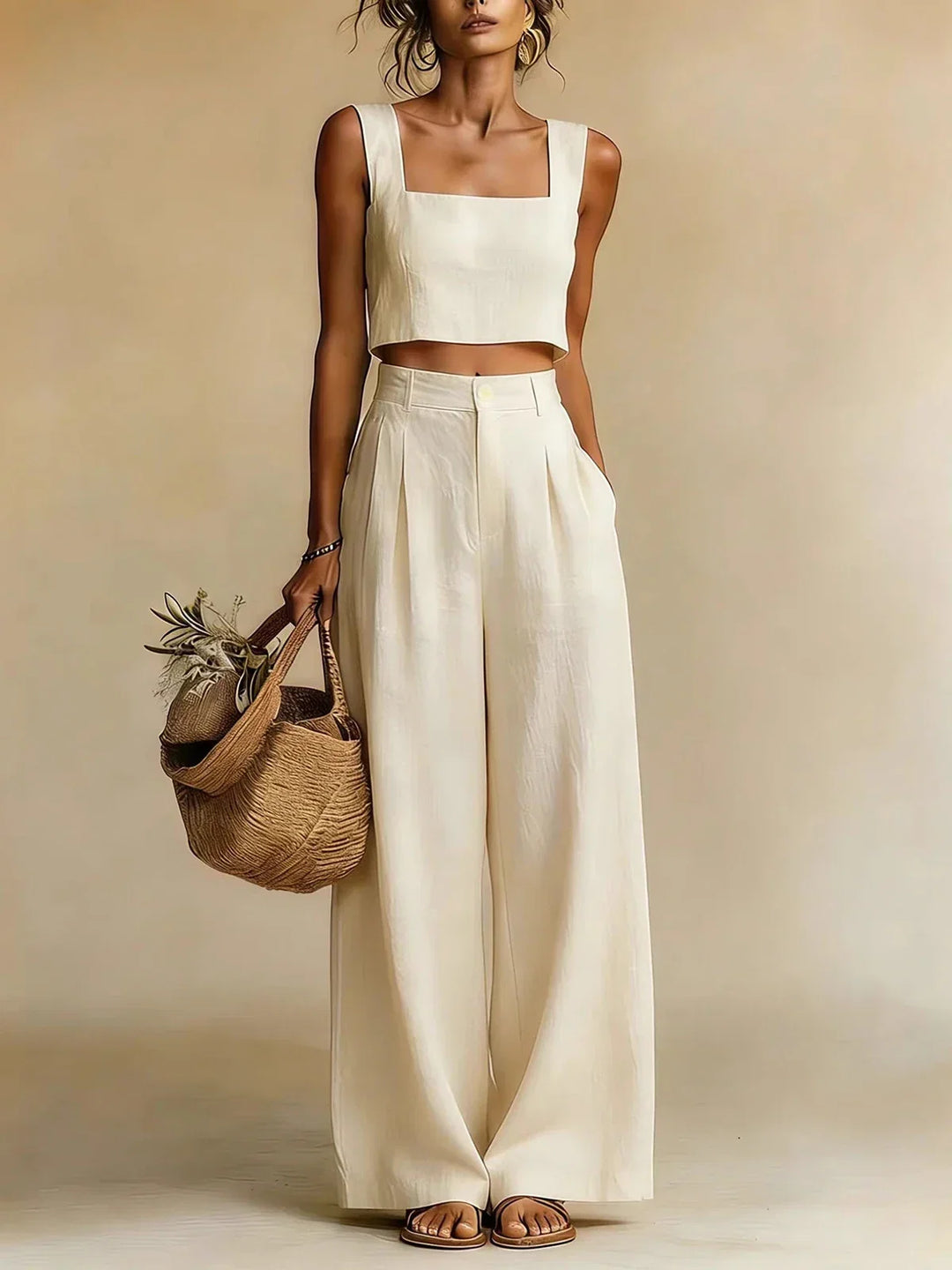 Chic women's two-piece set with a stylish top and wide-leg palazzo pants, great for elegant summer outfits.