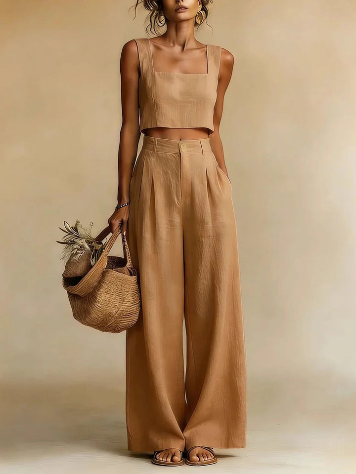 Comfortable women's two-piece palazzo co-ord set, versatile for elegant summer beachwear or vacation outfits.