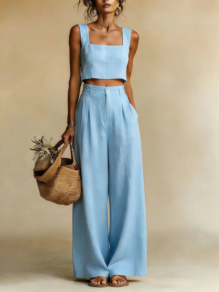 Stylish women's elegant two-piece palazzo set, a perfect summer outfit for casual wear, vacation, or beach.