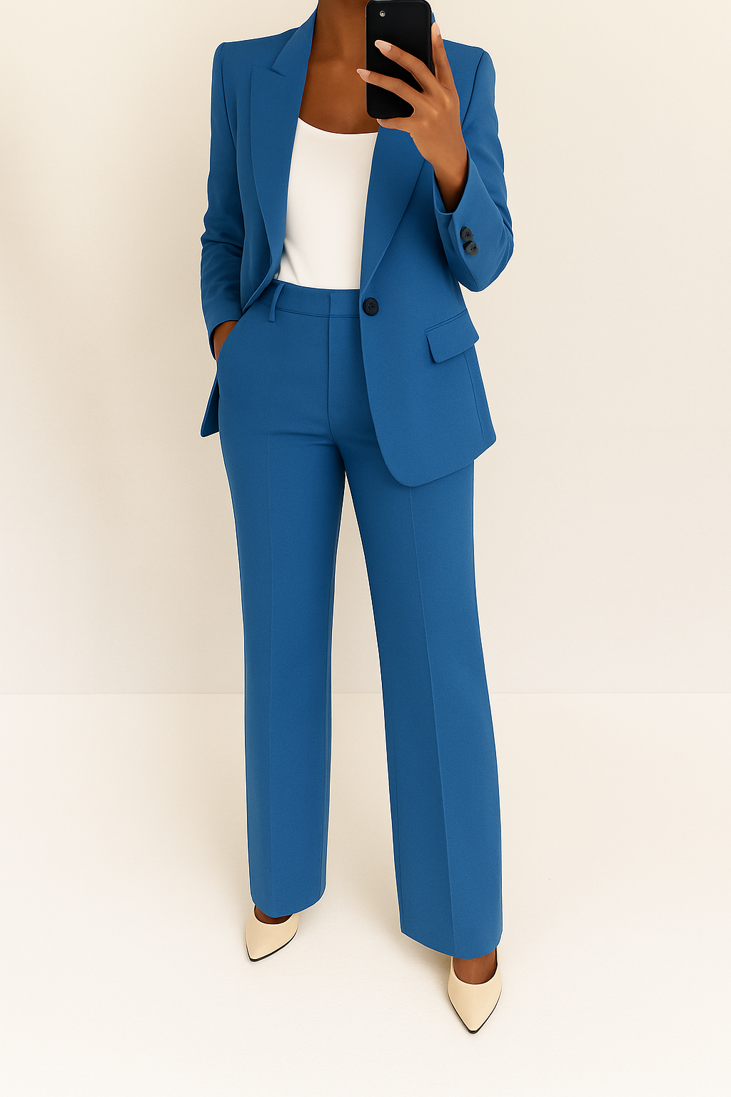 Elegant women's two-piece suit with a stylish blazer and trousers, perfect for office or business. Professional wear.