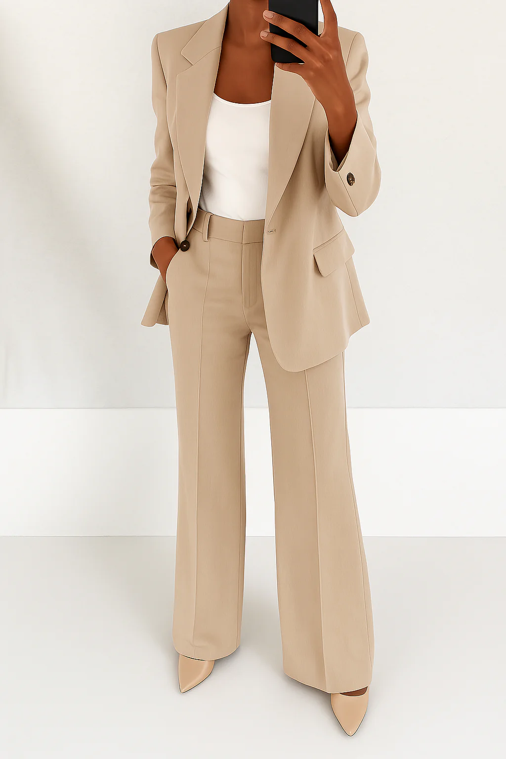 Stylish women's elegant two-piece suit. Features a tailored blazer and classic trousers for formal wear.