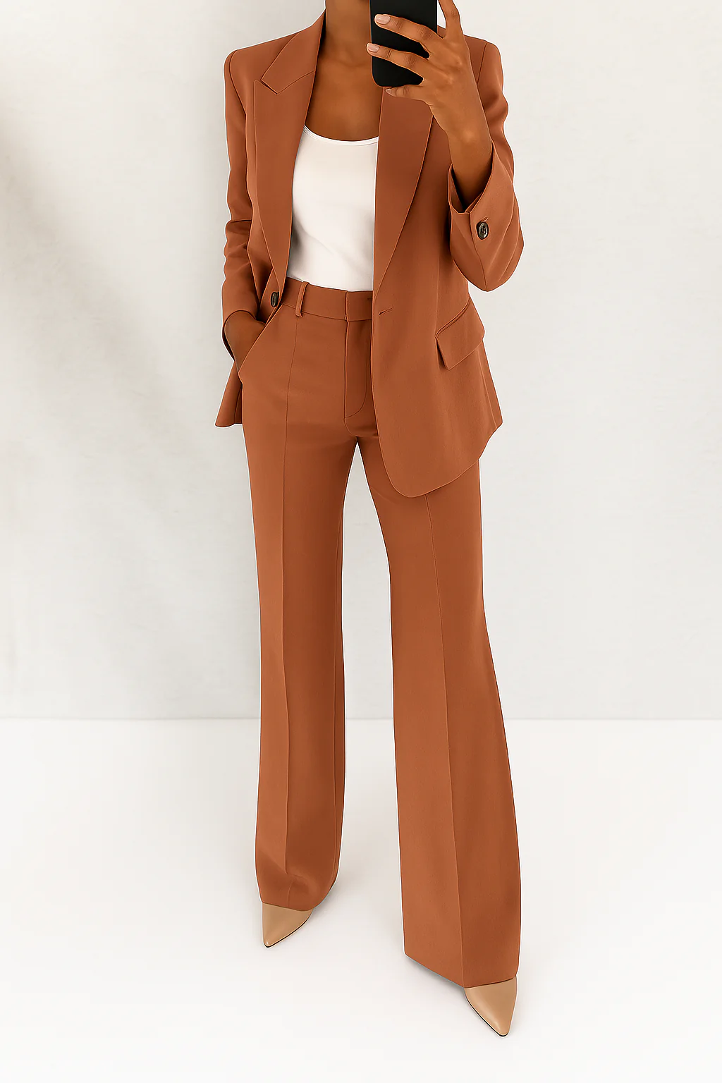 Business attire: a sophisticated women's two-piece suit with blazer & trousers, ideal for professional settings.