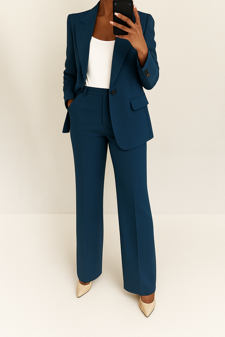 Coordinated women's two-piece suit: elegant blazer and trousers set. Perfect for stylish professional wear.