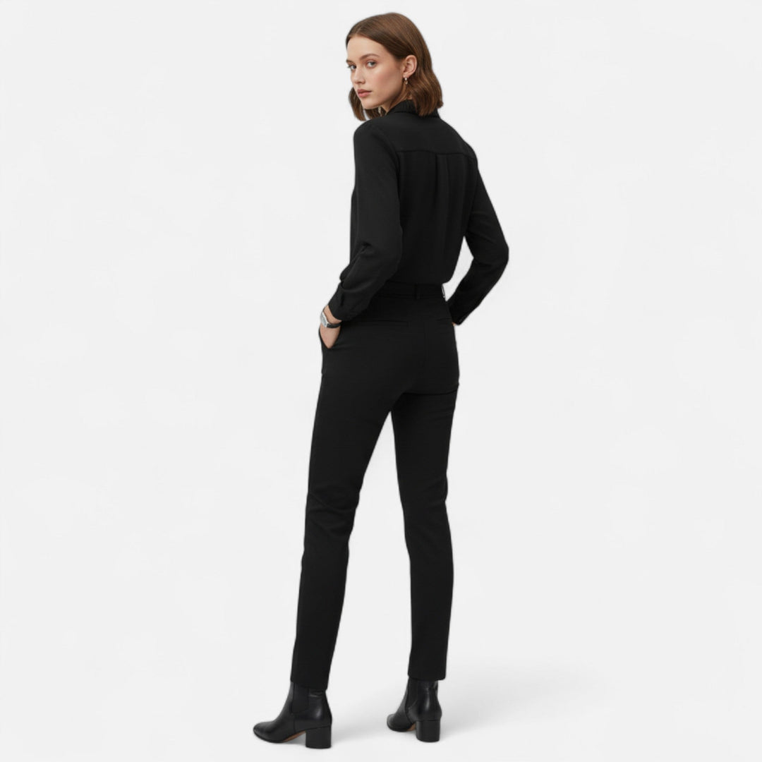 Professional long sleeve V-neck button-up blouse for women, suitable for business attire and office wear.