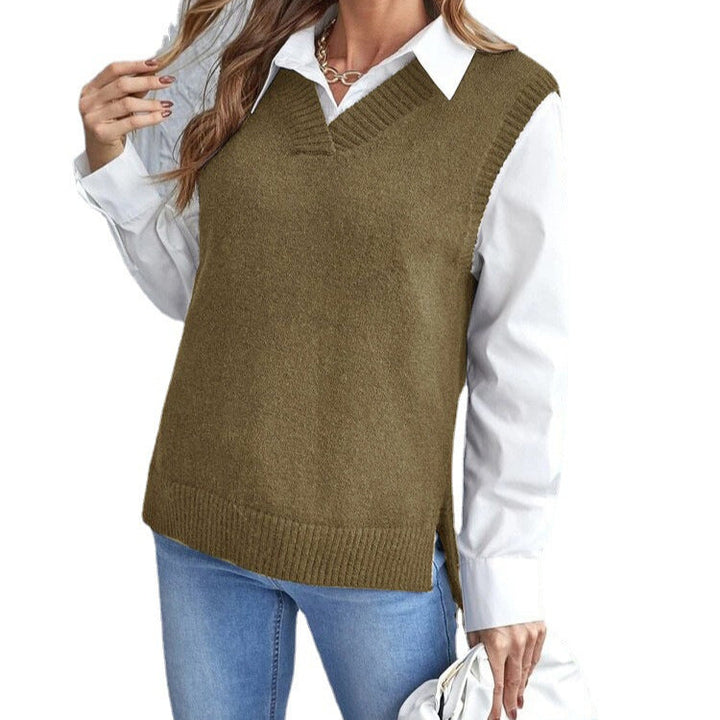 Elegant women's V-neck knitted vest, perfect layering piece for modern casual or chic fashion.