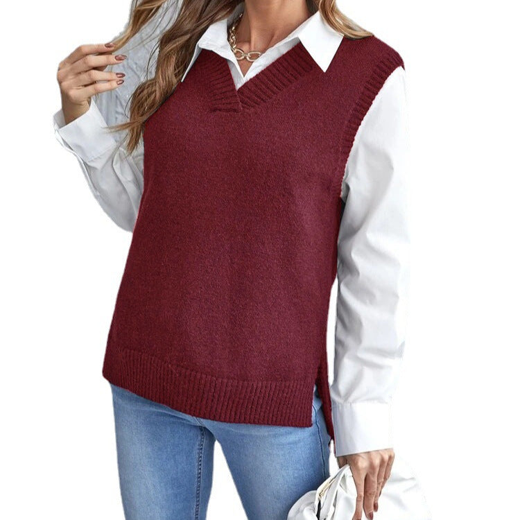 Close-up of the soft knitted fabric on a women's V-neck sleeveless vest, highlighting comfort and quality.