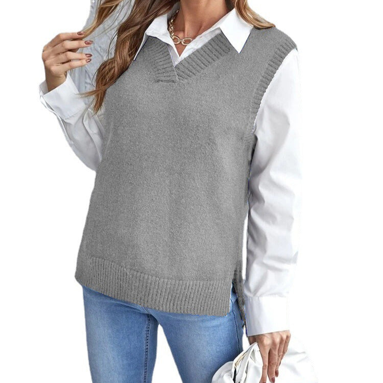 Stylish woman wearing a V-neck knitted vest in a casual outfit, ideal for everyday comfort and layering.