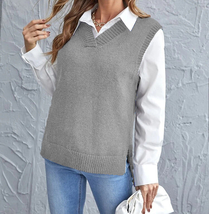 Front view of a women's comfortable V-neck knitted vest, showing elegant fit and modern design.