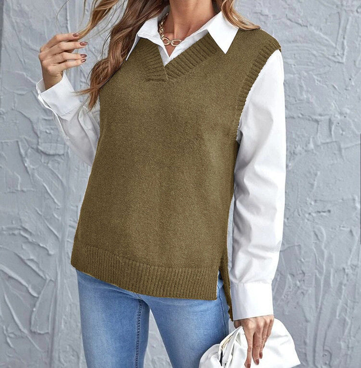 Flat lay of a modern women's V-neck knitted vest, a comfortable and elegant sleeveless top for layering.