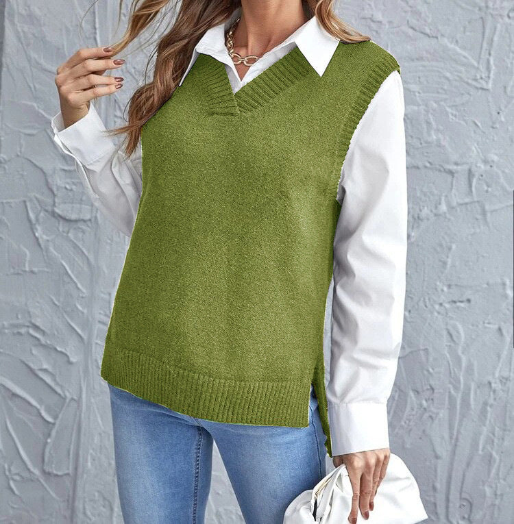 Versatile women's V-neck knitted vest, a chic layering piece for casual or elegant seasonal transition.