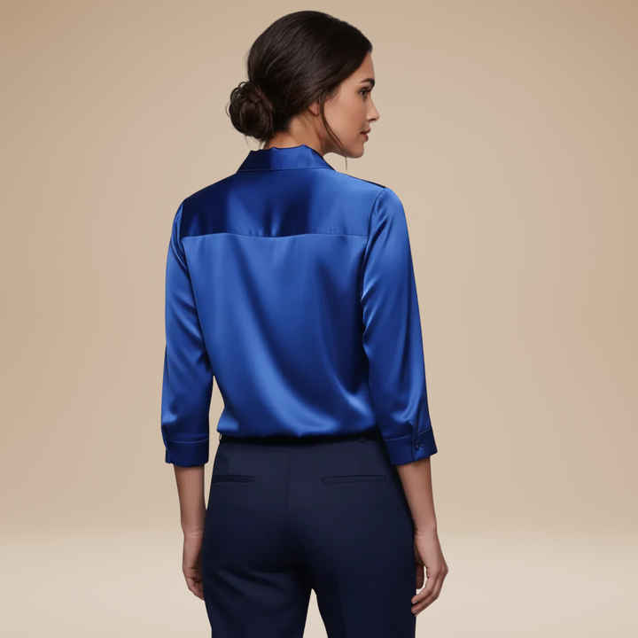Blouse detail shot: Women's elegant V-neck long sleeve blouse, a must-have for professional & versatile fashion.