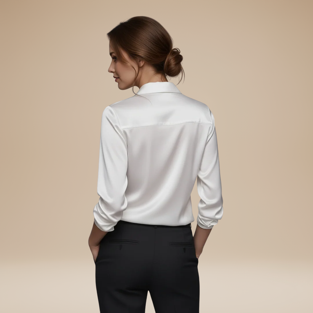 Focus on elegance: Elegant women's V-neck long sleeve blouse for sophisticated office and formal attire.