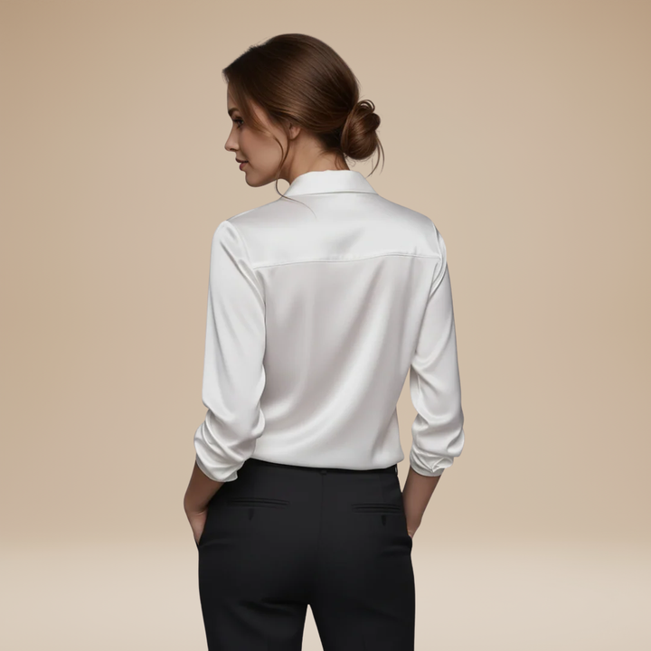 Focus on elegance: Elegant women's V-neck long sleeve blouse for sophisticated office and formal attire.