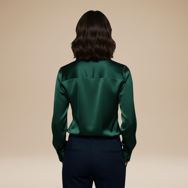 Back view: Professional women's elegant V-neck blouse with long sleeves, great for office & formal outfits.