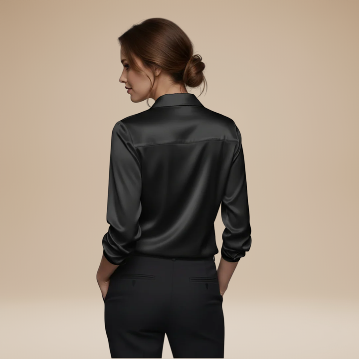 On hanger: Classic women's V-neck long sleeve blouse, an elegant & versatile top for professional women.