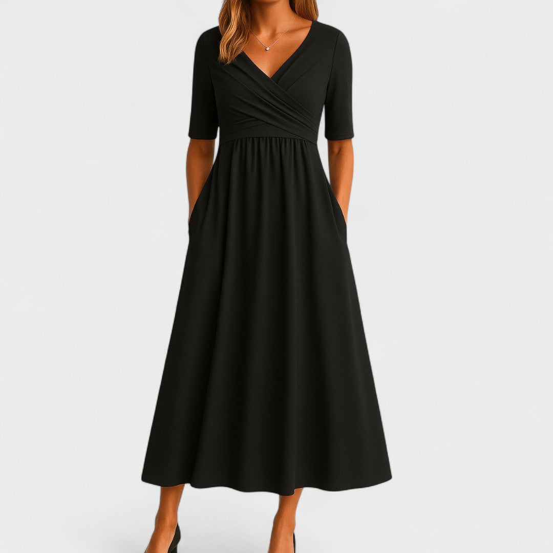Stylish women's V-neck midi dress featuring functional pockets and modest knee-length design
