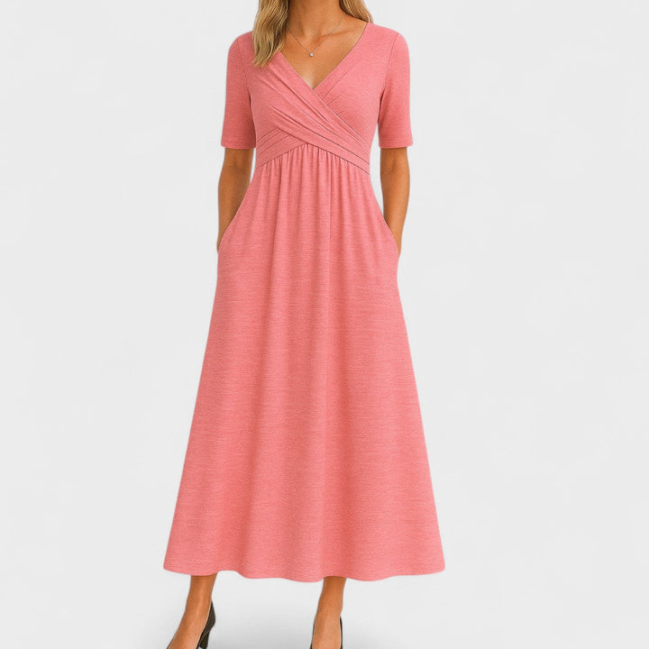 Modest and elegant V-neck women's midi dress with pockets, perfect for various summer occasions