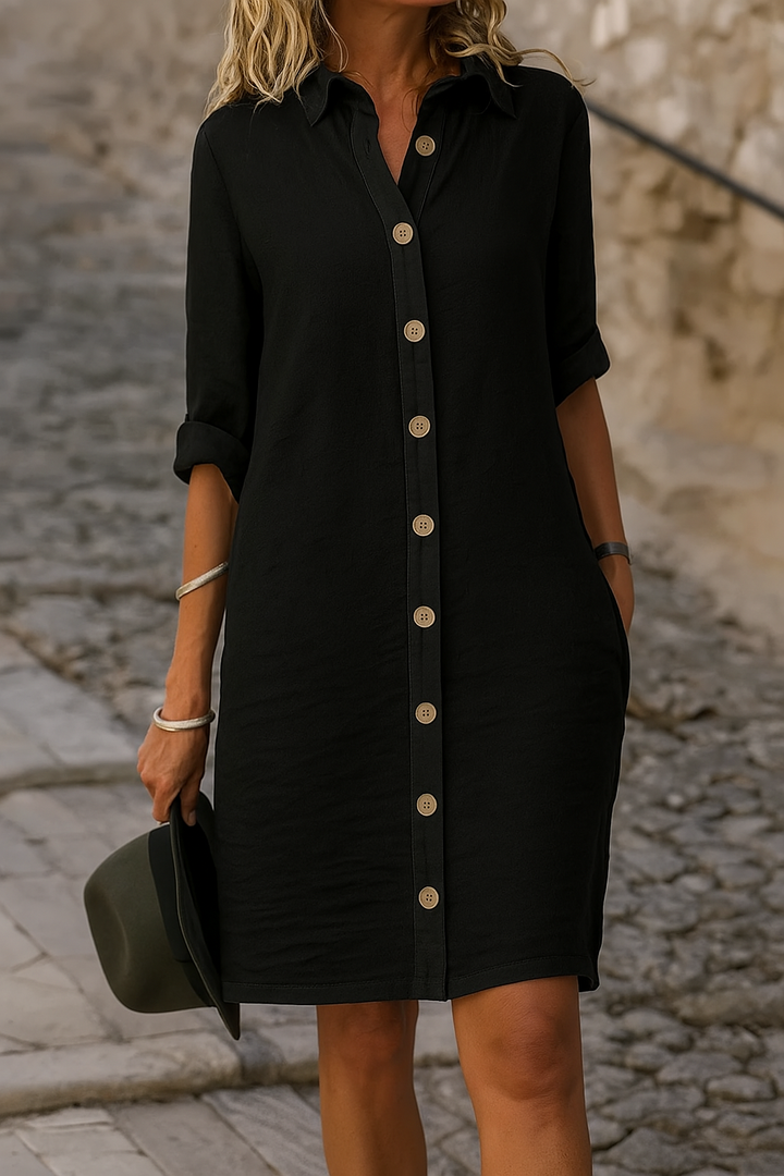 Women's fashionable V-neck midi summer dress, perfect for elegant casual style. Keywords: summer dress, v-neck, casual, elegant, womens fashion, midi dress.