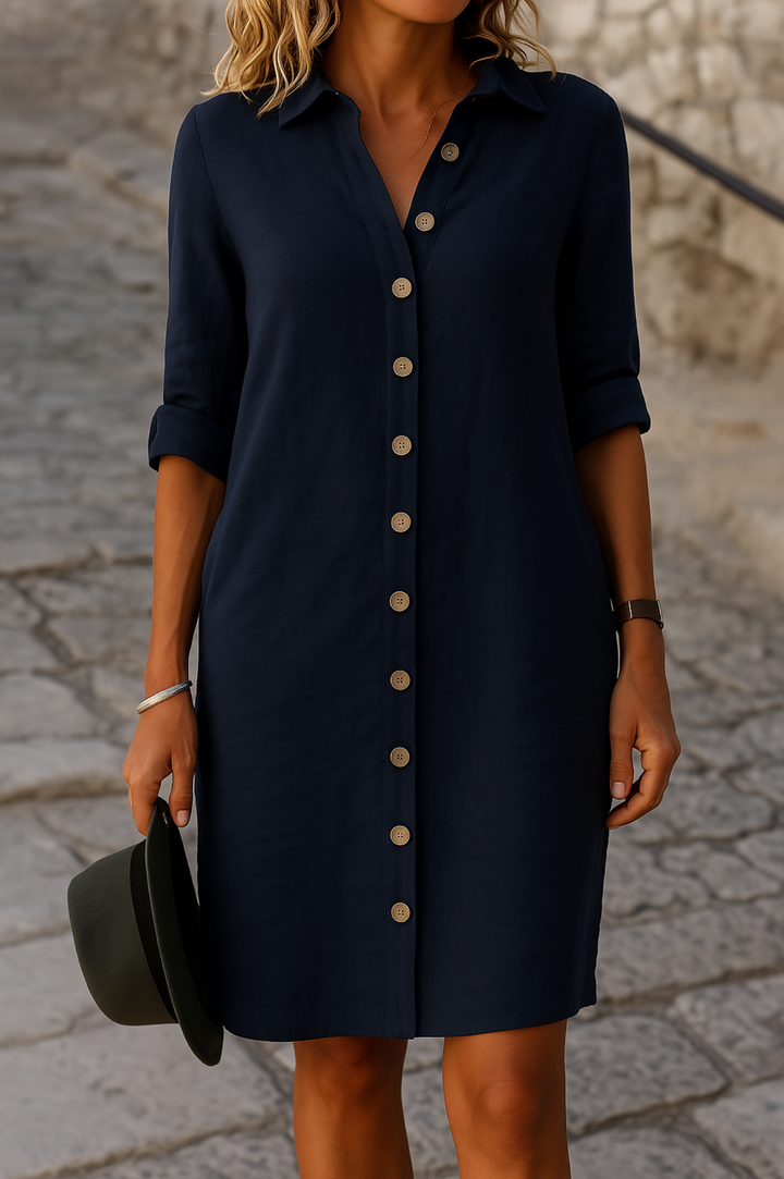 Soft V-neck women's midi summer dress, designed for elegant casual day wear. Keywords: summer dress, v-neck, casual, elegant, womens fashion, midi dress, day dress.
