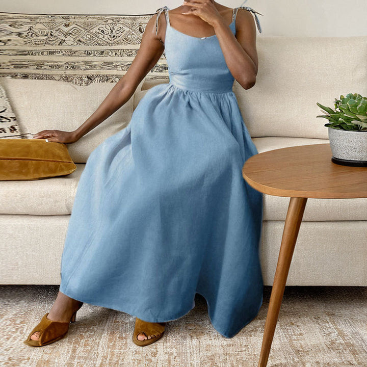Summer fashion V-neck midi dress with open back and slit, a chic and comfortable women's option