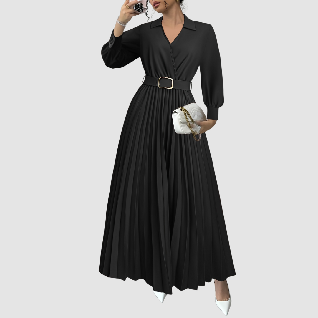 Elegant women's V-neck pleated maxi dress with long sleeves and a sophisticated belt for any occasion.