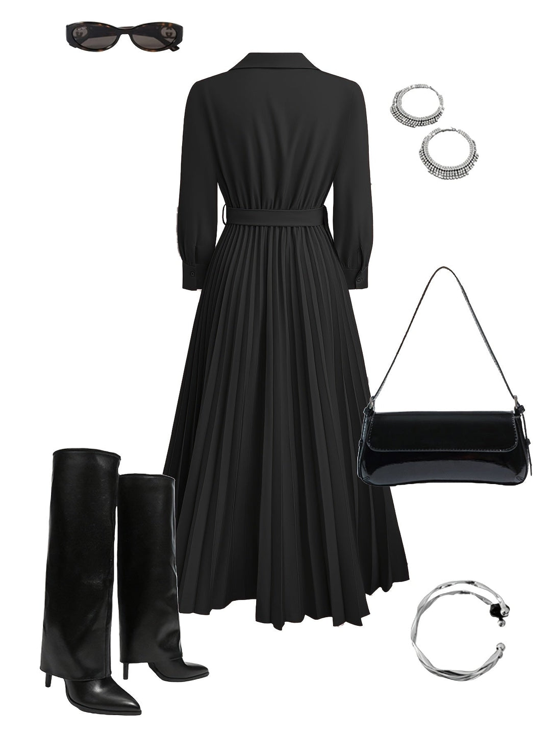 Stunning V-neck pleated maxi dress, a long sleeve belted design offering women elegant and versatile style.