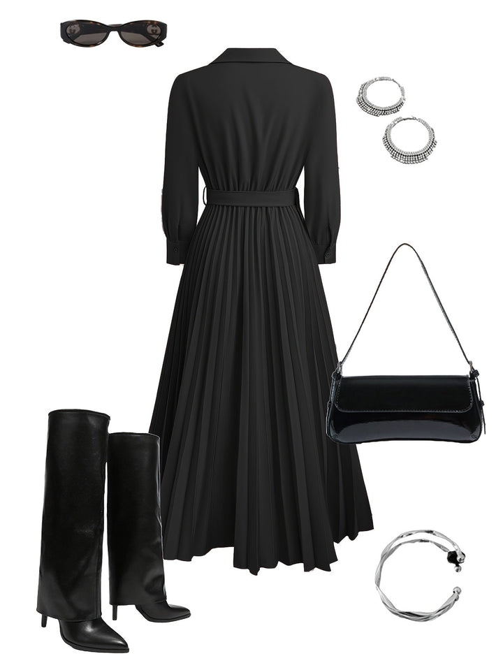 Stunning V-neck pleated maxi dress, a long sleeve belted design offering women elegant and versatile style.