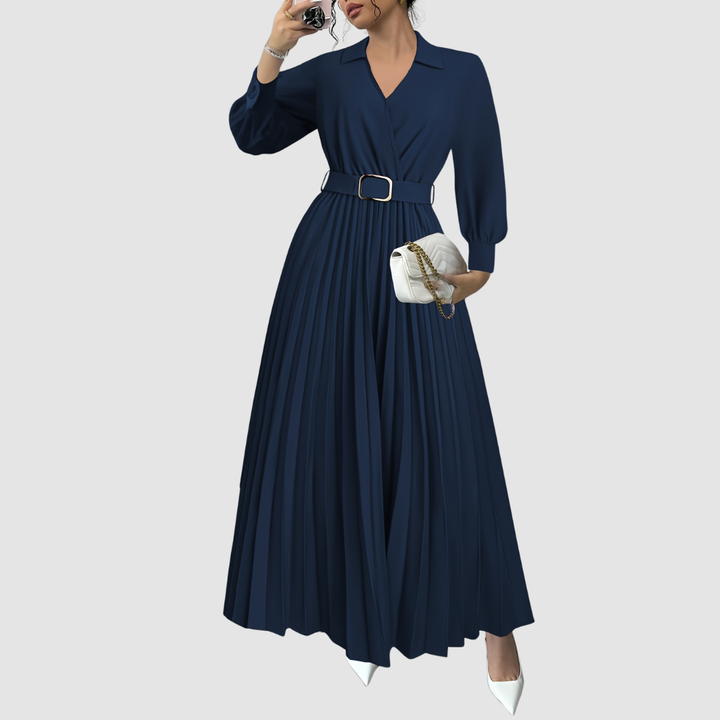 Modest and elegant V-neck pleated maxi dress for women, perfect as a long sleeve day or evening dress.