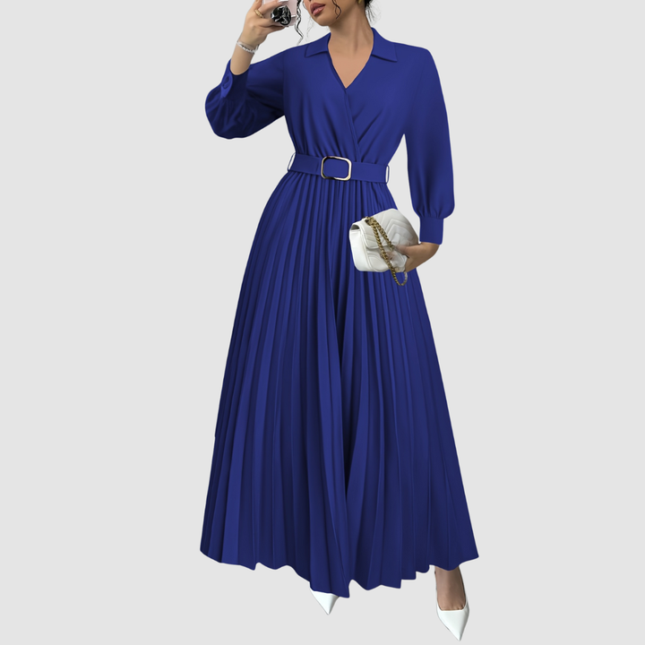 Women's belted V-neck maxi dress featuring delicate pleats and long sleeves, a versatile elegant design.