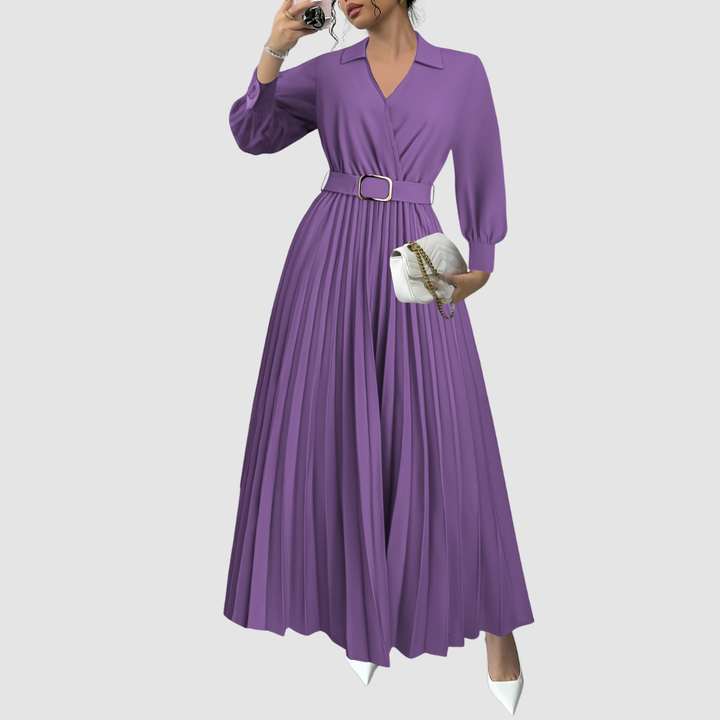 Flowy pleated maxi dress with a flattering V-neck and long sleeves, ideal for women's day or evening wear.