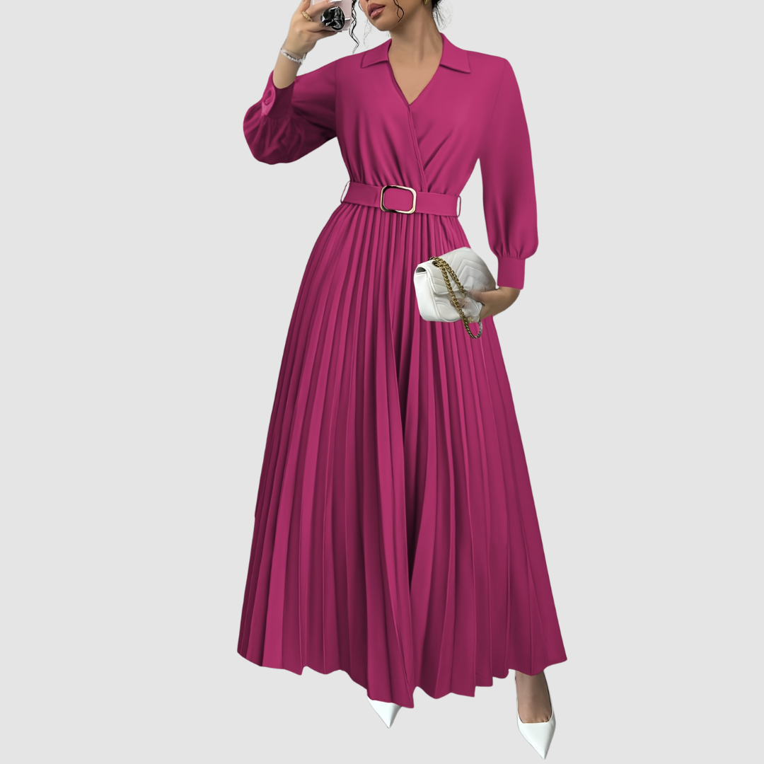 Sophisticated long sleeve V-neck pleated maxi dress with a belt, a must-have for women's elegant fashion.