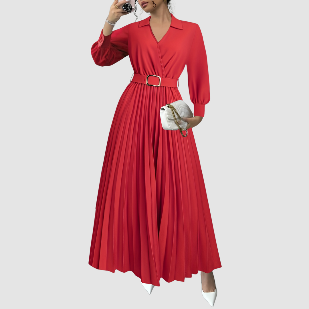 Women's V-neck long sleeve pleated maxi dress, an elegant belted design suitable for various events.