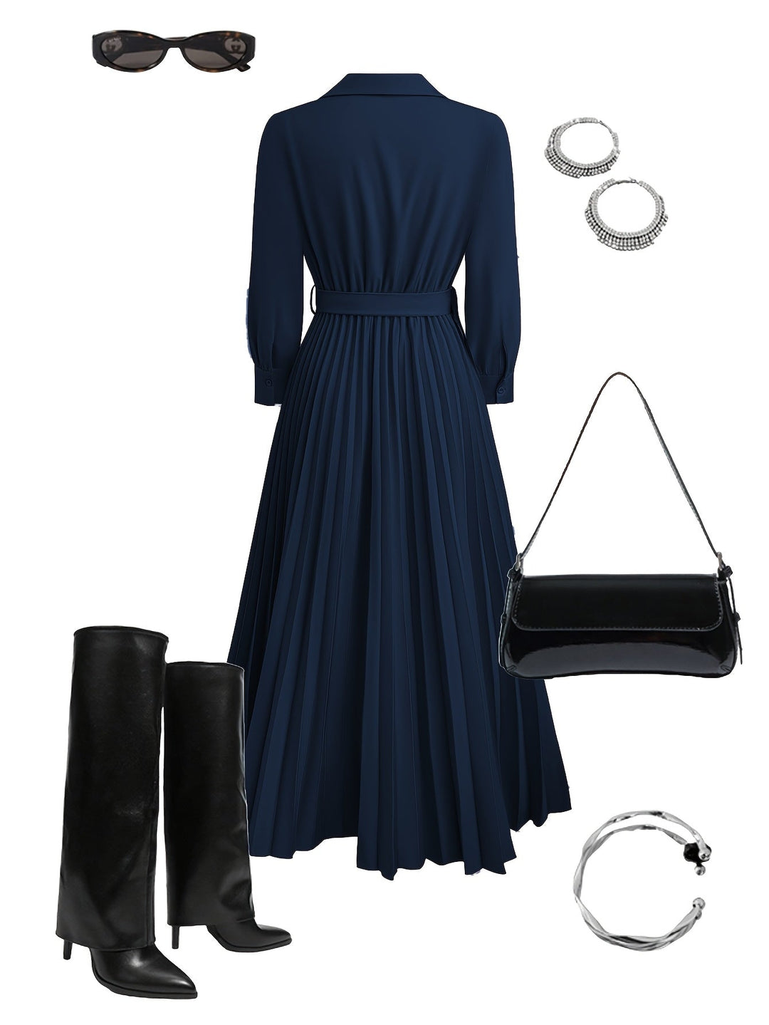 Chic and comfortable V-neck pleated maxi dress for women, featuring long sleeves and a stylish belt.