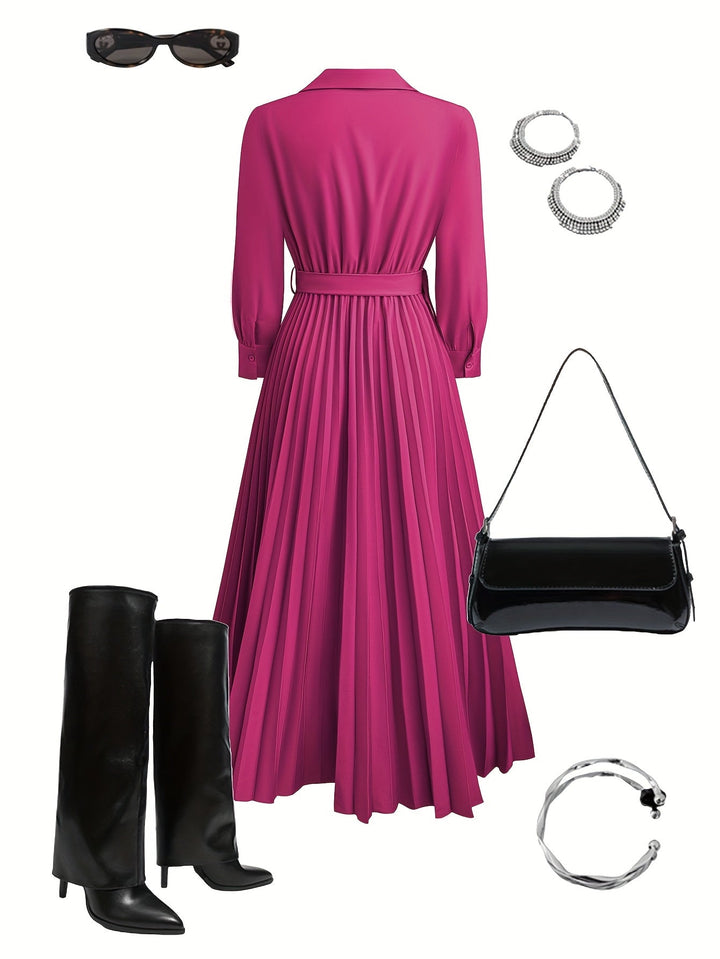 Black V-neck pleated maxi dress with long sleeves and a belt, perfect for elegant day or evening looks.