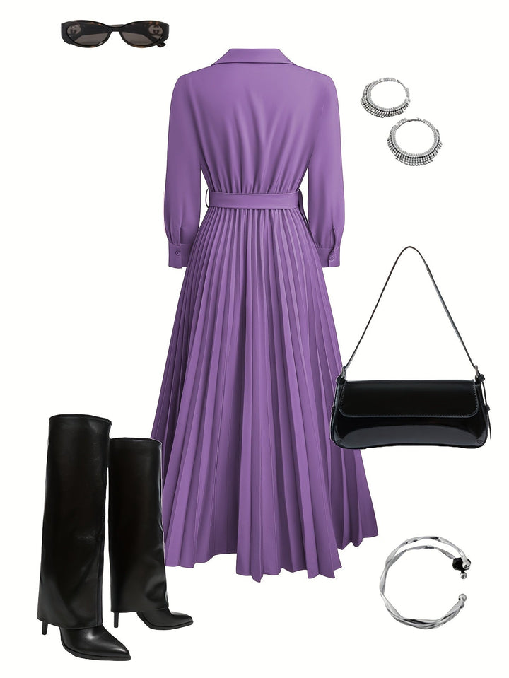 Fashionable women's V-neck pleated maxi dress with long sleeves and a belt, great for modest elegance.