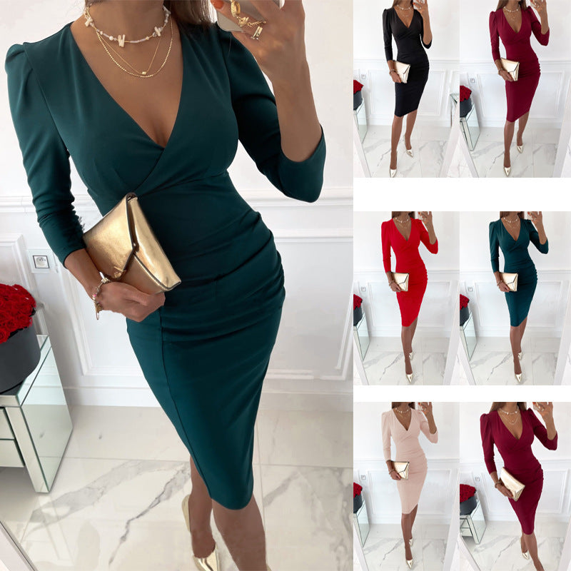Elegant women's V-neck ruched midi dress with puffy sleeves, perfect for parties & formal events.